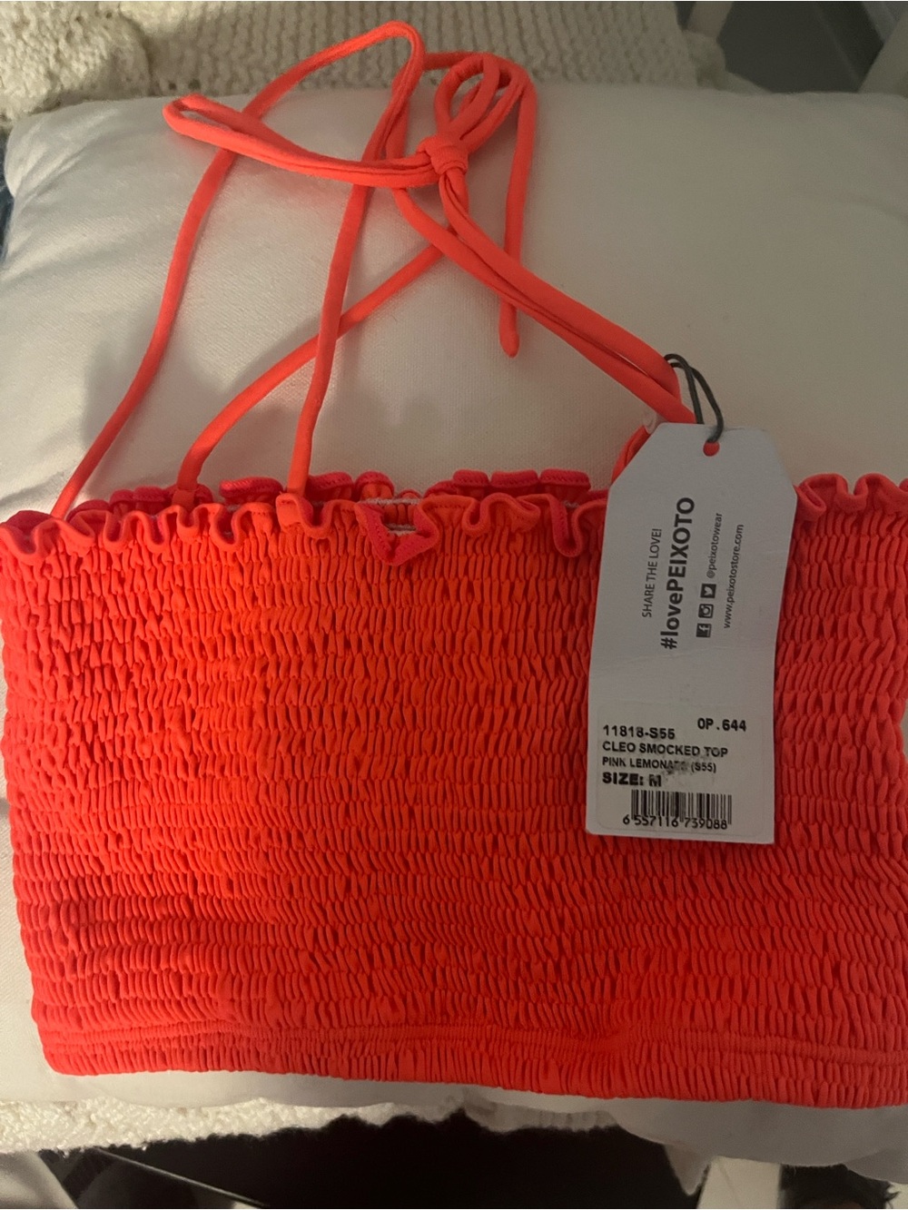 Peixoto Neon Coral Smocked Bandeau Bikini Top